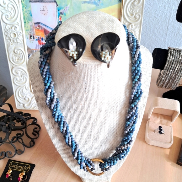 Painted Blues & Grays Stone Beaded Multi Strand Necklace 20” Torsade Necklace - Picture 2 of 13